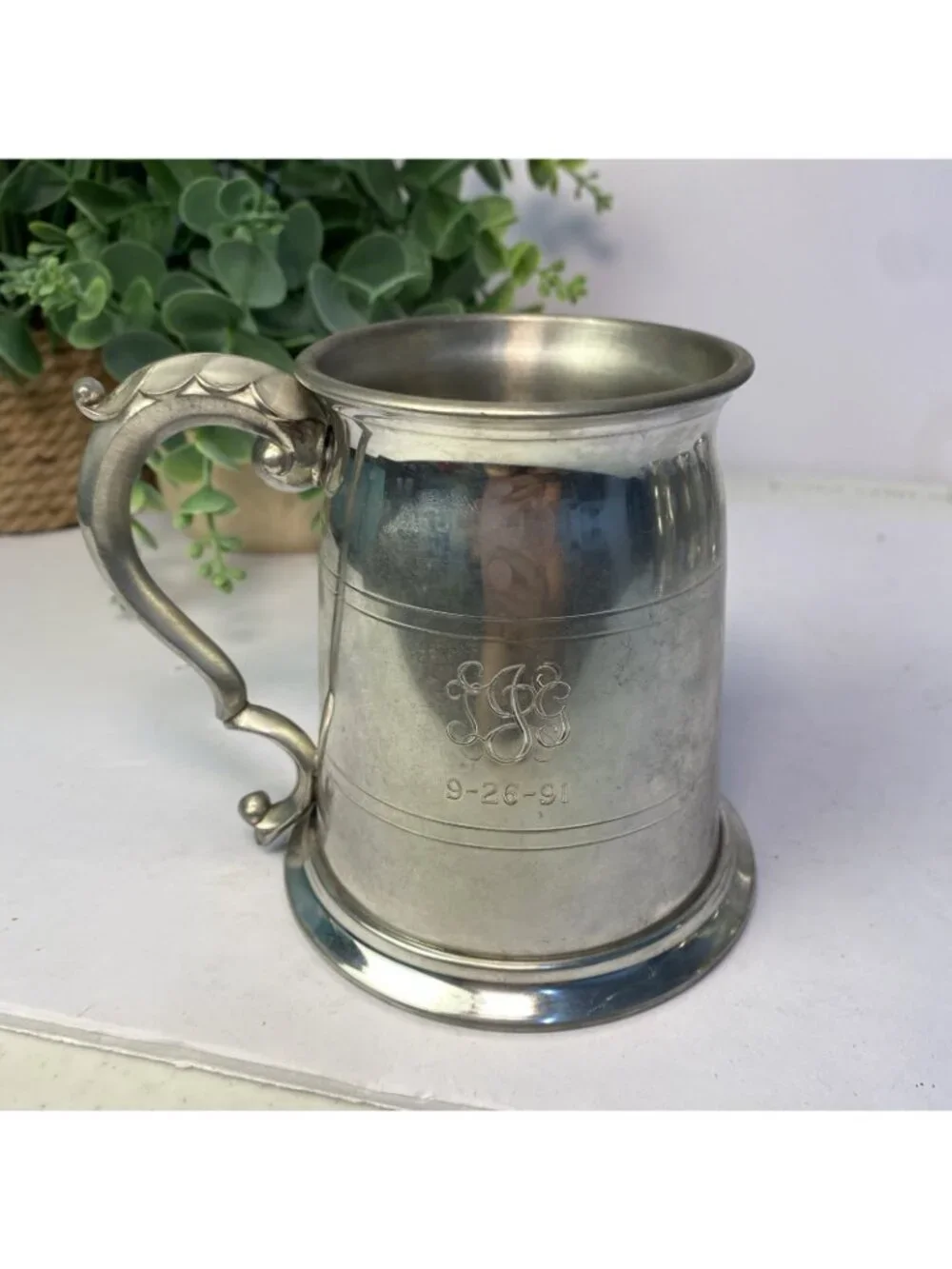 Set Of 5 Vintage Sheffield English Pewter Glass Bottom Tankard Mugs Monogrammed